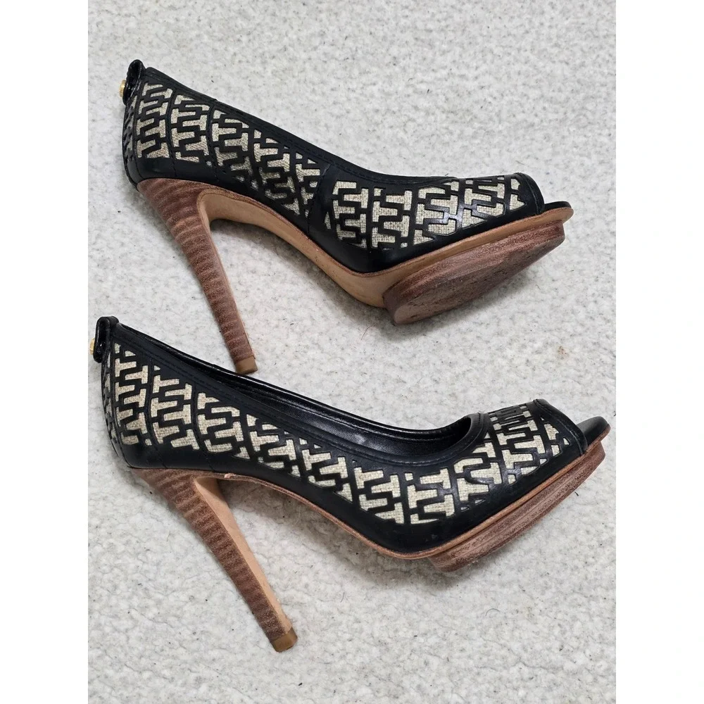 Tory Burch Black Leather Logo Laser Cut Peep Toe Platform Pumps Heels 6.5M
